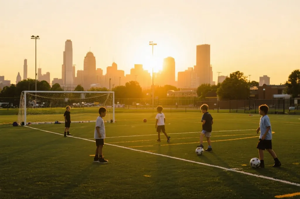 北美青少年在社区球场踢球，观众与城市天际线形成鲜明背景
